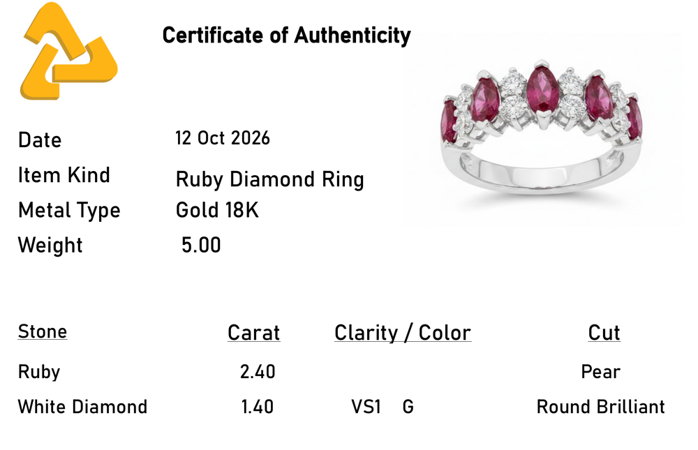 Certificate of authenticity printed on a wallet-size PVC card, showing the ruby and diamond ring and its stone details